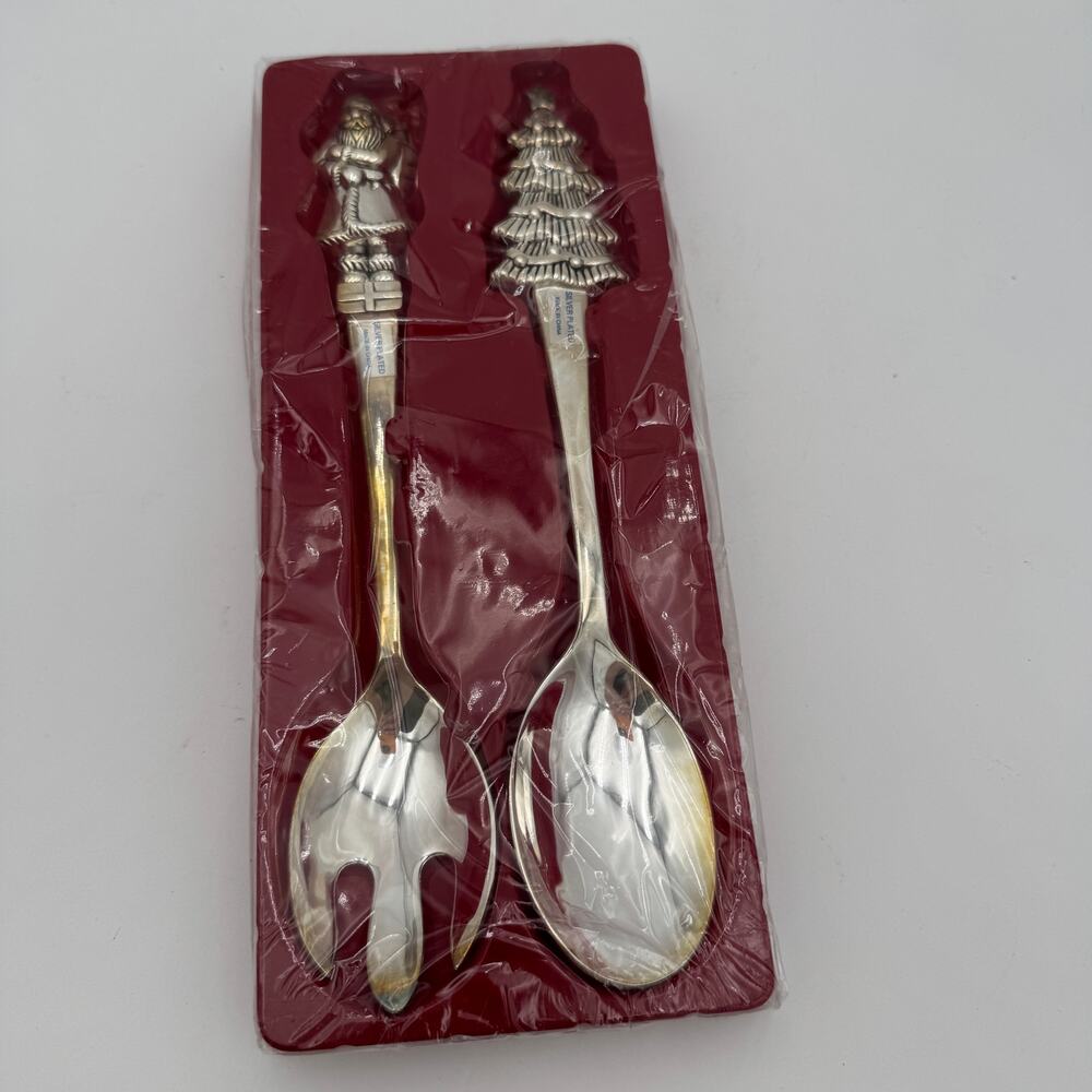 Vintage Wallace Salad Serving Set Silverplate Santa and Tree 1998 NOS